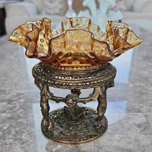 Vintage Brass Stand With Amber Hobnail Dish, 5" Tall, 6" Wide